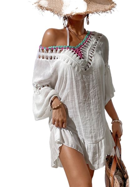 

backless knot ruffle hem cover up dress without bikini set 02ag#, White;black