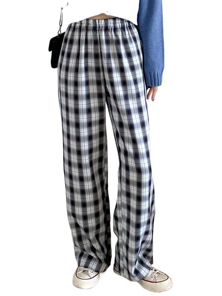 

dazy plaid print elastic waist pants r8nh#, Black;white
