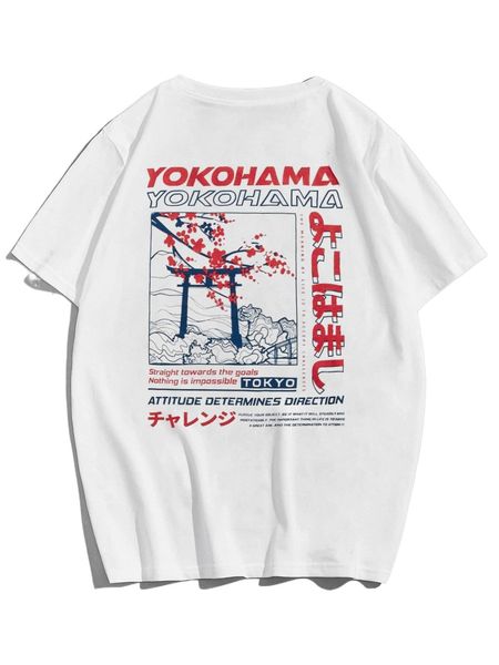

men drop shoulder slogan & scenery print tee u8si#, White;black