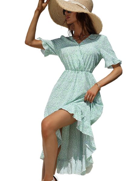 

d.itsy f.loral print f.lounce s.leeve r.uffle h.em d.ress j2bq#, Black;gray