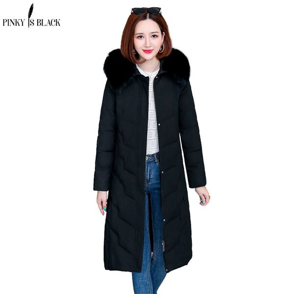 

pinkyisblack fashion winter jacket women big fur hooded thick down parkas long female jacket coat slim warm winter coat outwear 201019, Black