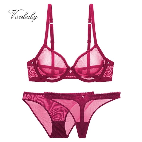 

varsbaby mesh lace underwear transparent unlined 1 bra+2 panties bra set plus size 32-42cde plus size 220513, Red;black