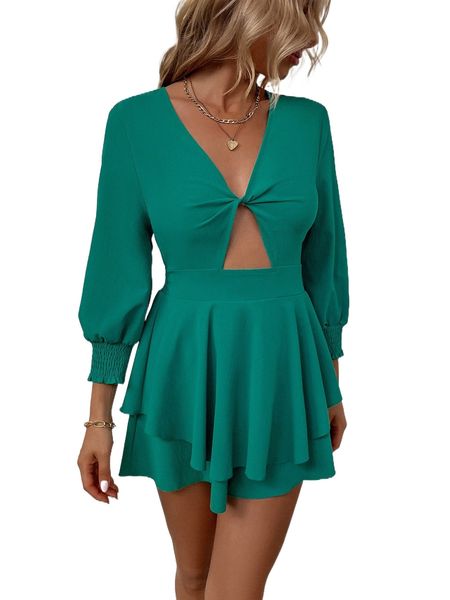 

cut out twist front shirred keyhole back romper l4kj#, Black;white