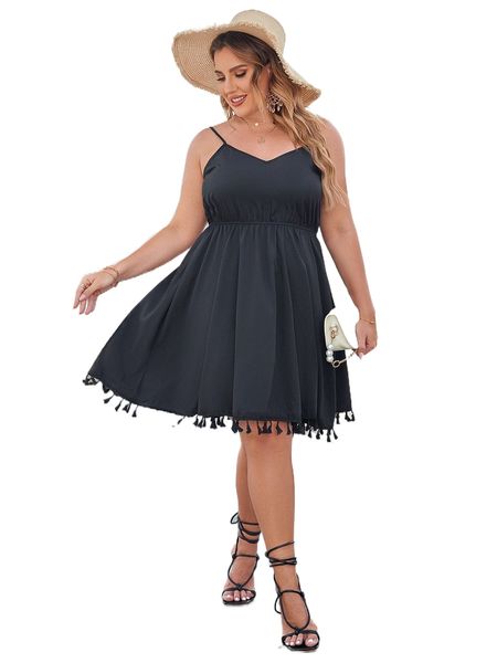 

plus solid fringe hem cami dress k6ta#, Black