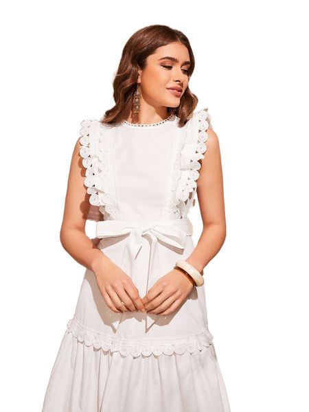 

ruffle trim guipure lace panel belted dress c45j#, Black;gray