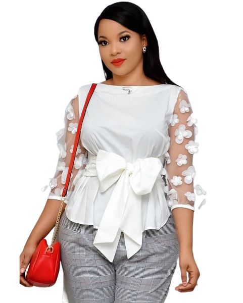 

2020 amazon autumn nine-point sleeve mesh splicing fashion women's bow strap jacket european and american shirt africa e9yc#, White