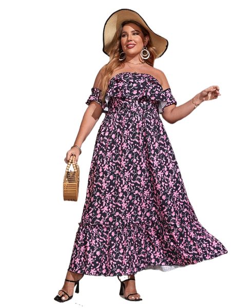 

plus floral print off shoulder ruffle hem dress t9cc#, Black