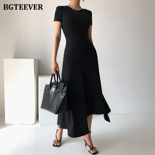 

casual o-neck women solid midi dress summer short sleeve slim waist irregular female dress elegant ladies vestidos 2021, Black;gray