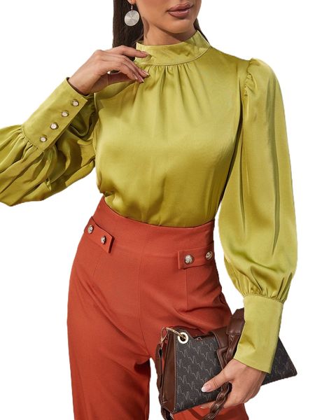 

ruched mock neck puff sleeve satin blouse m56a#, White