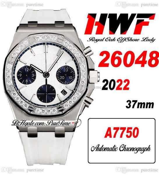 

hwf 37mm 26048 eta a7750 automatic chronograph ladies watch ss diamonds bezel white blue textured dial rubber strap lady womens watches supe, Slivery;brown