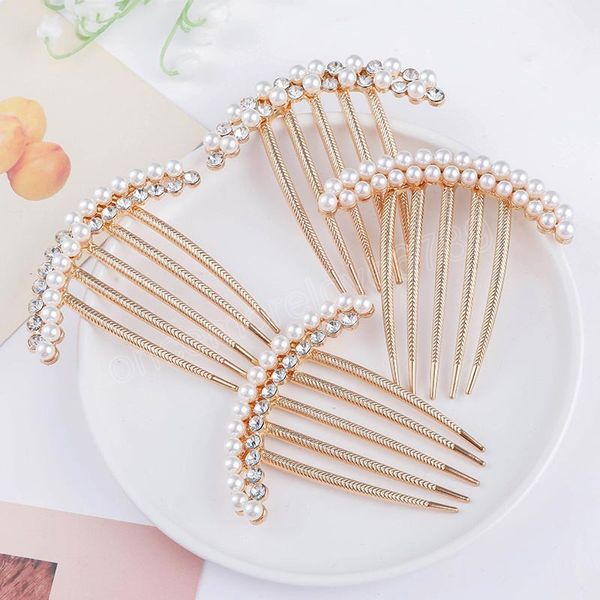 

fashion women hairpins rhinestone pearl barrettes hair combs hair maker bun hair accessories headwear, Golden;white