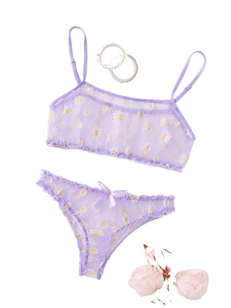 

daisy floral print mesh lingerie set q2n5#, Black;red
