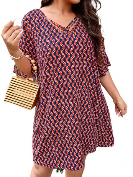 

plus allover geo print cut out ruffle cuff dress x4y6#, Black