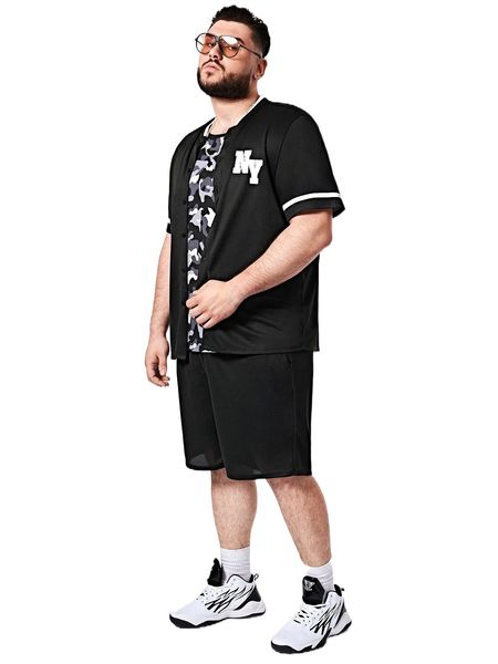 

extended sizes men letter graphic striped trim & shorts 6830#, Gray