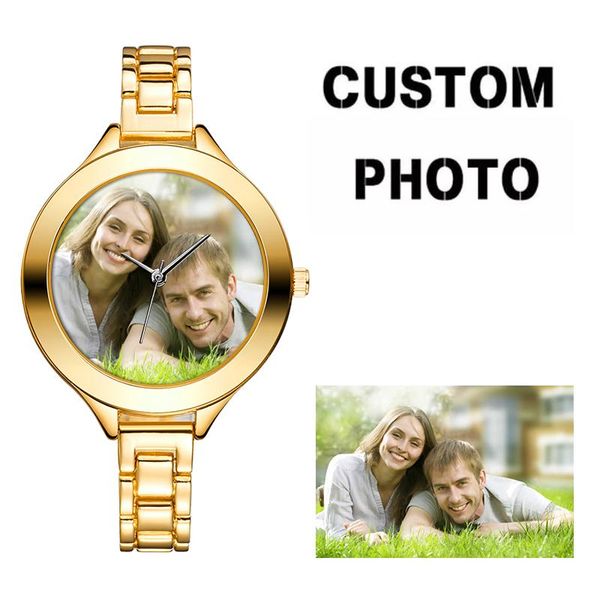 Relojes de pulsera para mujer, reloj de pulsera Po, banda delgada, esfera con imagen personalizada, Logo, reloj de cuarzo de Metal, 1 pieza, relojes de pulsera