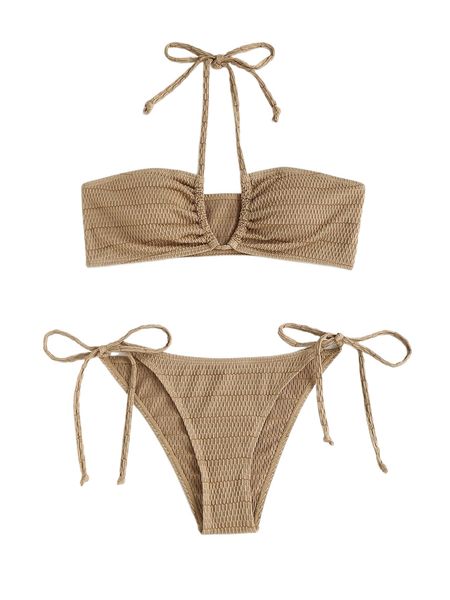 

textured tie side halter bikini swimsuit s5ei#, White;black