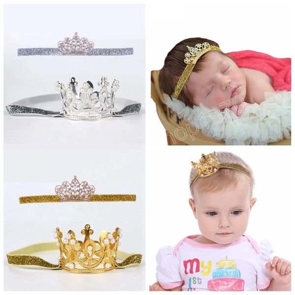 

2pcs/set boutique baby girls crown tiara gold silver gillter headband set children hair accessories baby shower, Slivery;white
