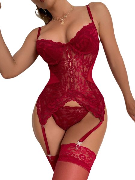 

floral lace underwire garter lingerie set with 1pair stocking f9cj#, Black;red
