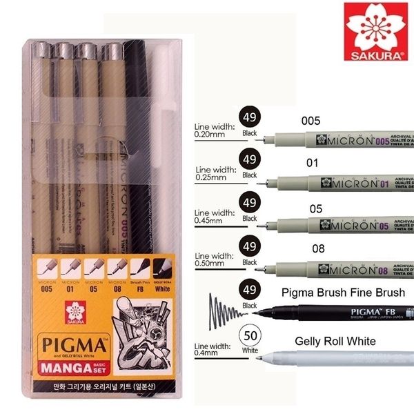 6 pcs Sakura Pigma Micron caneta, arquivamento pigmento tinta desenho penas manga conjunto (005, 01, 05, 08, fb pincel caneta, caneta de rolo gois branco) y200709