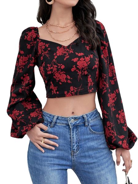 

floral print sweetheart neck lantern sleeve blouse e3dy#, White