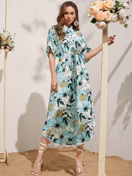 

floral collared button up belted dress g9jo#, Black;gray