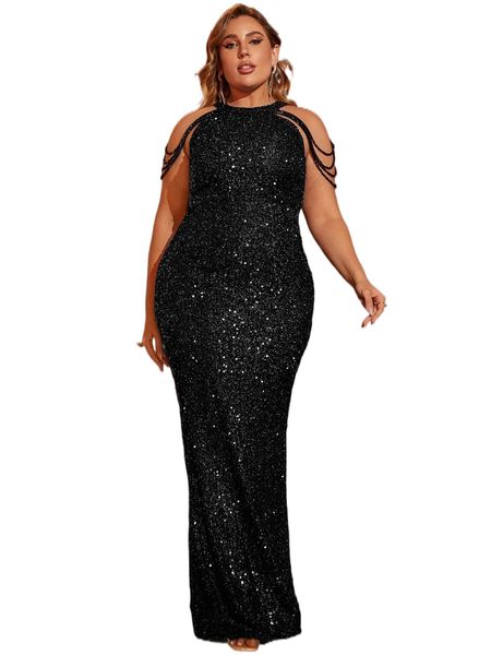 

plus beaded detail halter neck mermaid hem sequin formal dress t9or#, Black