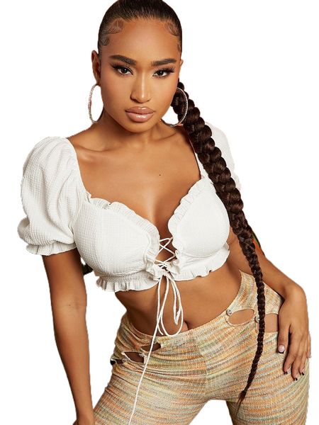 

sweetheart neck puff sleeve lace up front v1ia#, White