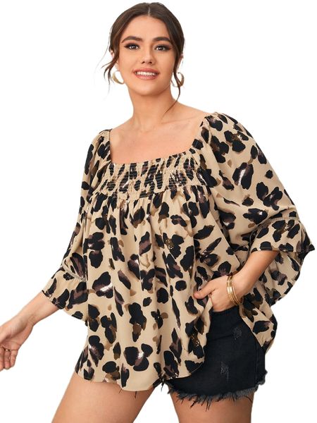 

plus allover print flounce sleeve blouse r9ic#, Black
