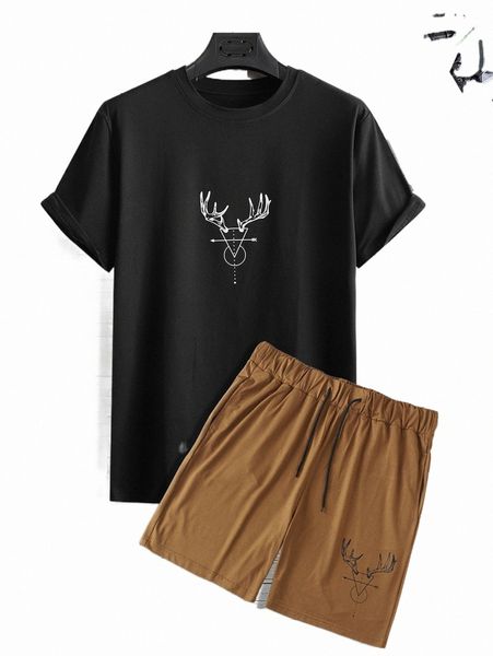 

men random geo & antler print tee & drawstring waist shorts n0yn#, Gray