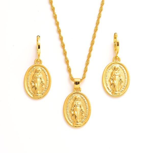Colar Gold Gold Christian Pinging Amarelo cheio Virgem Solid Mary Totus Tuus Medallion Casa Oval Vintage Nossa Senhora 18k