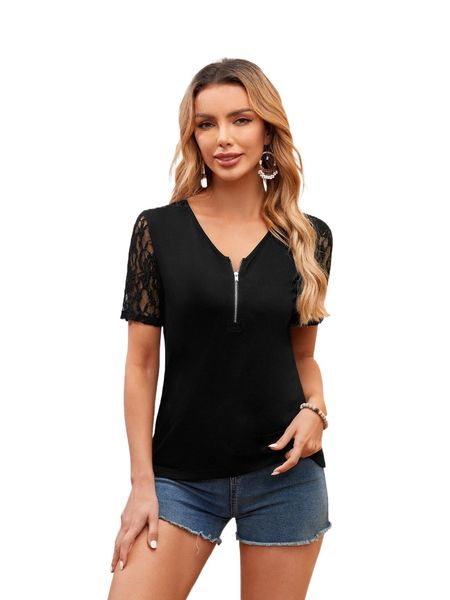

emery rose v-neck half zipper placket lace sleeve tee o7kh#, White
