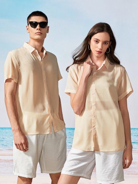 

1pc solid button up shirt i8z5#, White;black
