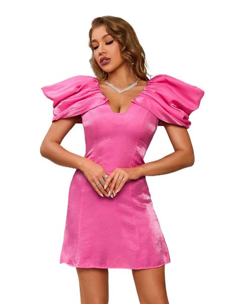 

double crazy puff sleeve zip back dress 12ll#, Black;gray