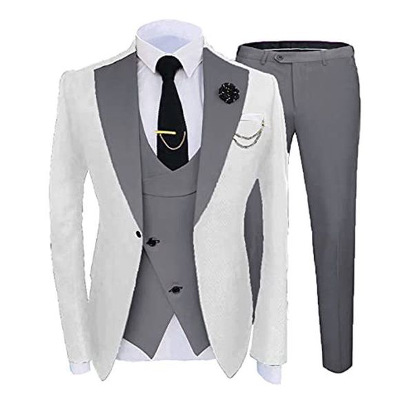 Neuer populärer weißer 3-teiliger Anzug für Männer, Hochzeits-Smoking, graues Revers, schmale Passform, Bräutigam-Smoking für Männer, Abendessen, Abschlussball, Blazer, Jacke, Hose, Krawatte, Weste 782