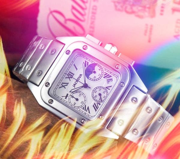 Роскошные мужские квадратные римские часы 43 мм Высококачественные спортивные часы Full Funtional из нержавеющей стали Space Moon Quartz Импортные хрустальные зеркальные батареи Наручные часы