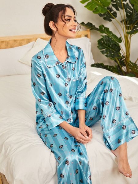 

striped & floral print contrast binding pj set b5eu#, Black;red