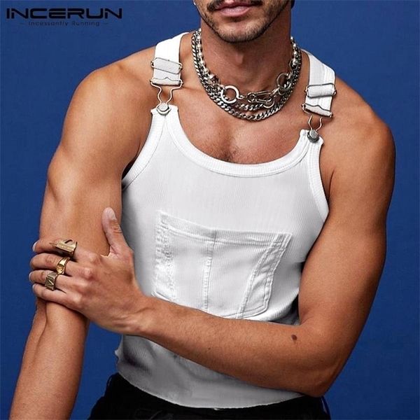

fashion men tank oneck solid color sleeveless pockets suspender vests men skinny streetwear vacation 5xl incerun 220620, White;black