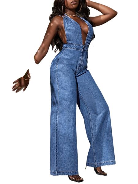 

sxy deep v neck tie backless denim jumpsuit 45l0#, Black;white