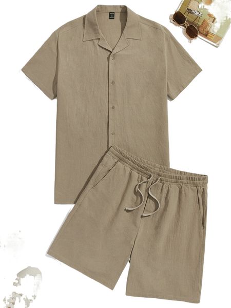

men solid lapel shirt & drawstring waist shorts e4kw#, Gray