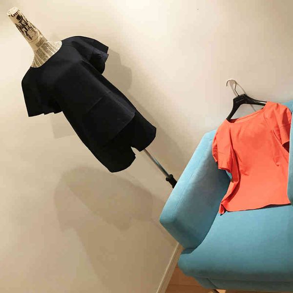 

women's t-shirt spring and summer german high-end shumeihe cotton splicing court ruffle sleeve t-shirt, White