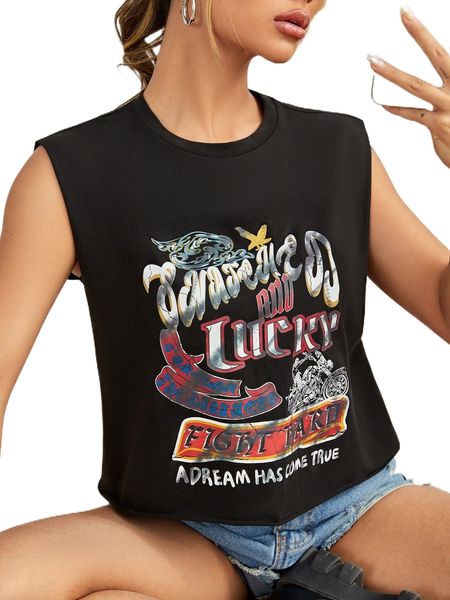 

motorcycle & slogan graphic tank 96qc#, White