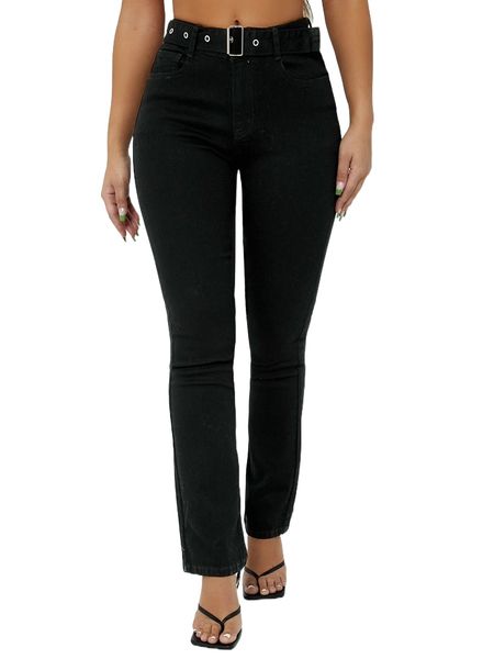 

sxy buckle belted straight leg jeans 62sv#, Blue