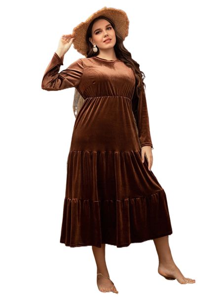 

plus ruffle hem velvet dress f4n2#, Black