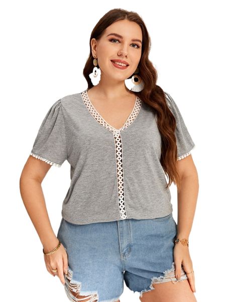 

plus guipure lace trim puff sleeve tee y1jw#, Black