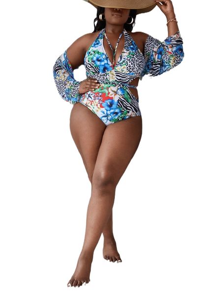 

plus floral & leopard print cut out one piece swimsuit & kimono e3ka#, White;black