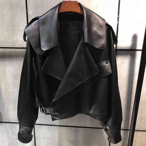

women short pockets motor pu black faux leather jacket soft loose vintage biker coat jacket autumn street leather coat l220728