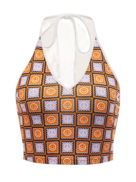 

x tartagain cartoon face & plaid print tie back halter u3mb#, White