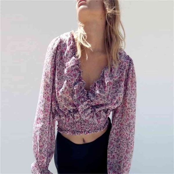 

woman floral long sleeve short women elegant v-neck ruffle print cropped blouse chic smocked elastic female shirts 210524, White