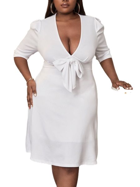

sxy plus deep v neck knot front puff sleeve dress v9wu#, Black