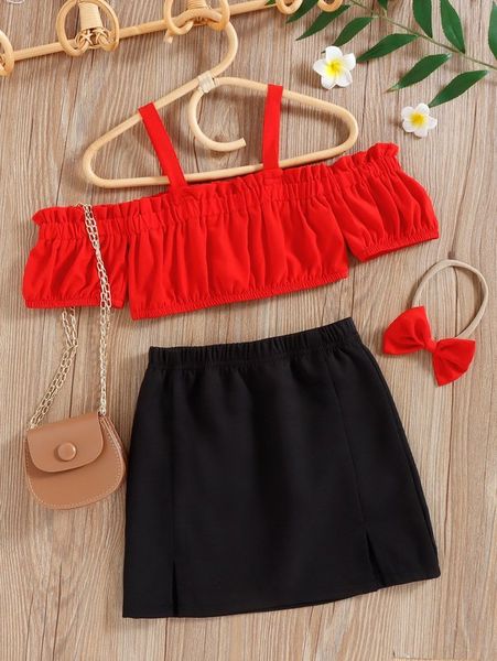 

little girl's ruffled shoulder cut and slit skirt she, White